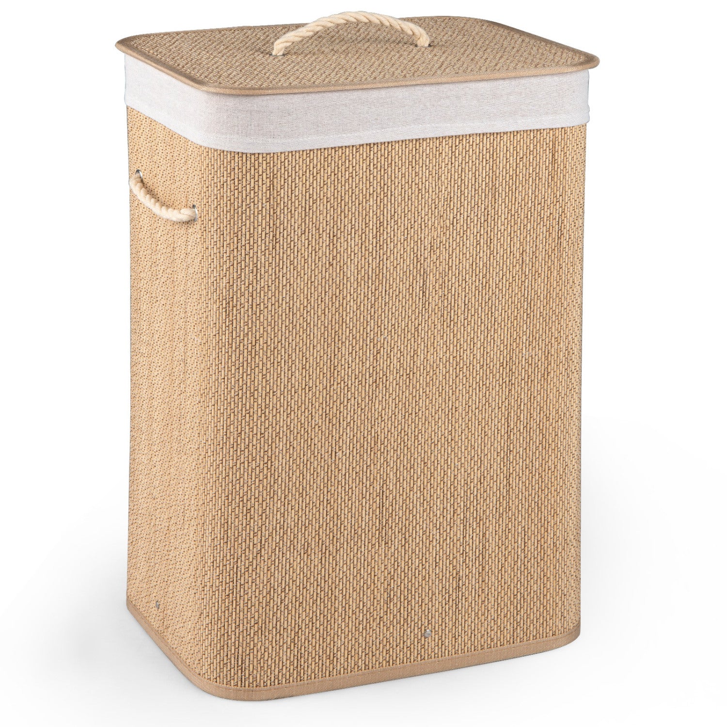 Black 19-gallon bamboo laundry hamper with removable liner and portable handles, suitable for bath and laundry storage.