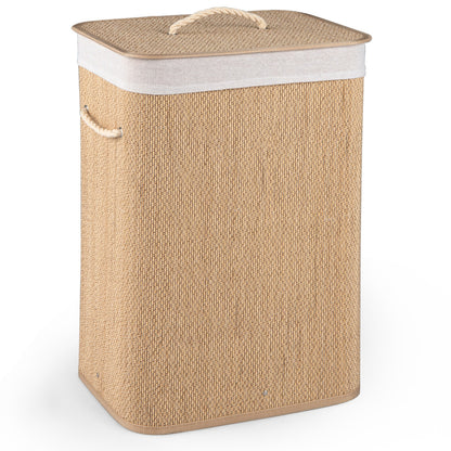 Black 19-gallon bamboo laundry hamper with removable liner and portable handles, suitable for bath and laundry storage.