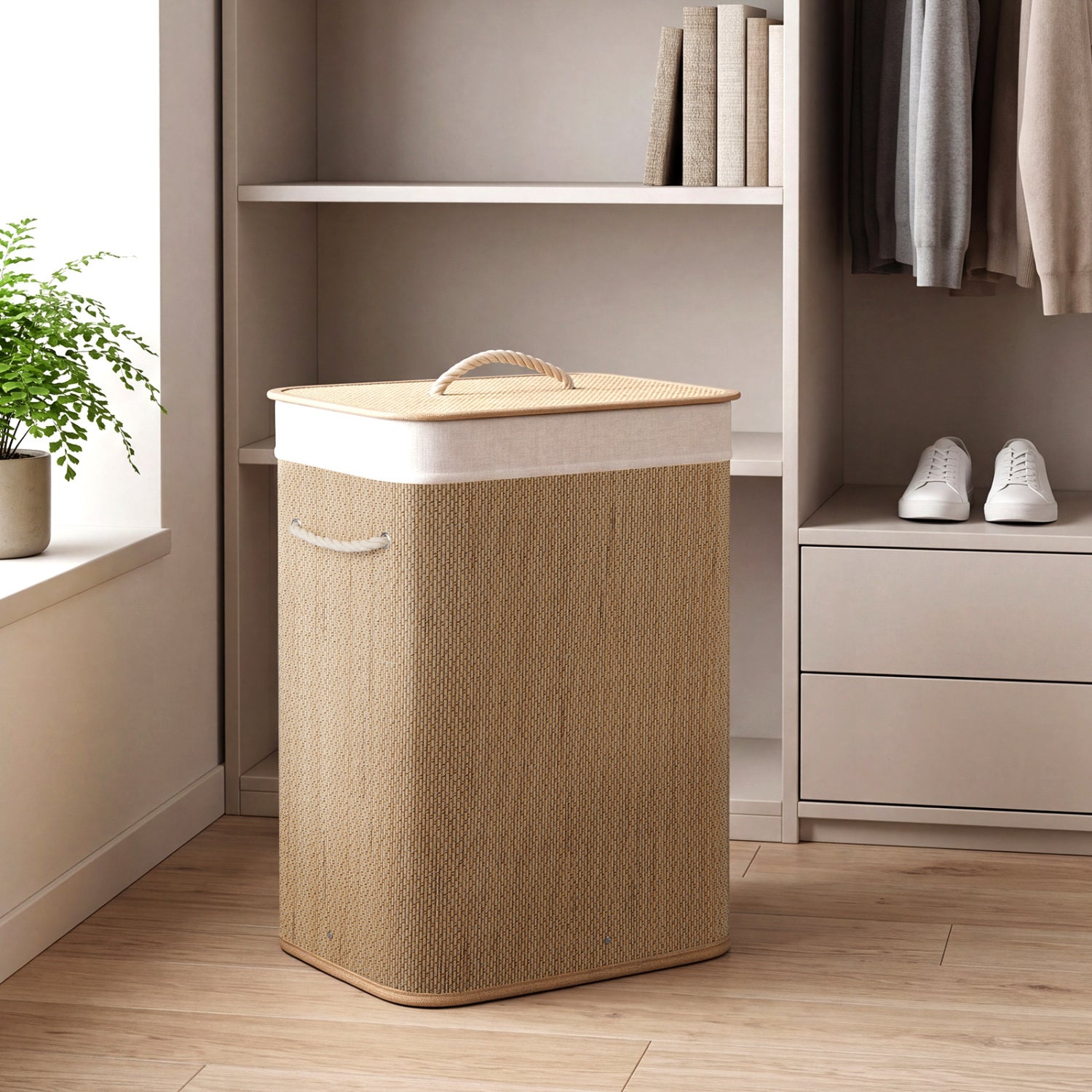 Black 19-gallon bamboo laundry hamper with removable liner and portable handles, perfect for organizing clothes in the bathroom.