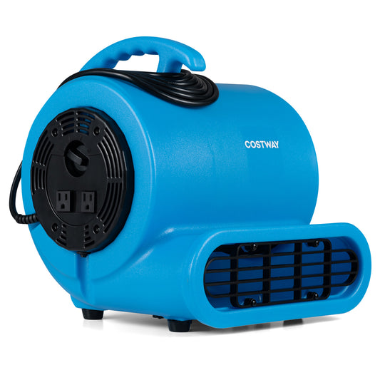 Blue 1/2 HP air mover with three-speed settings and 2800 CFM airflow, ideal for commercial drying and climate control.
