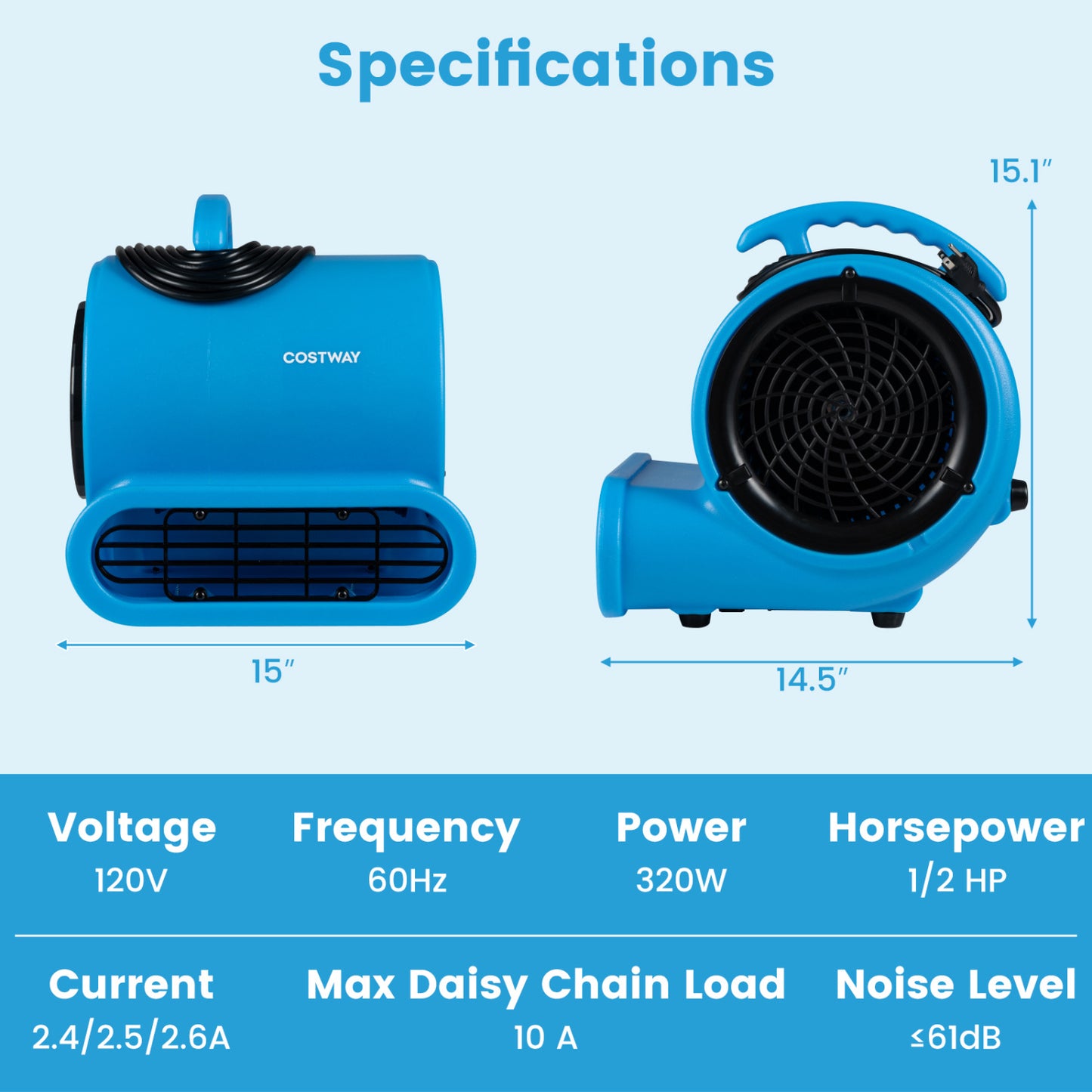 1/2 HP Air Mover 3-Speed 2800 CFM Commercial Blower Fan-Blue