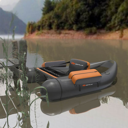 Inflatable Fishing Float Tube with Pump Storage Pockets and Fish Ruler-Beige