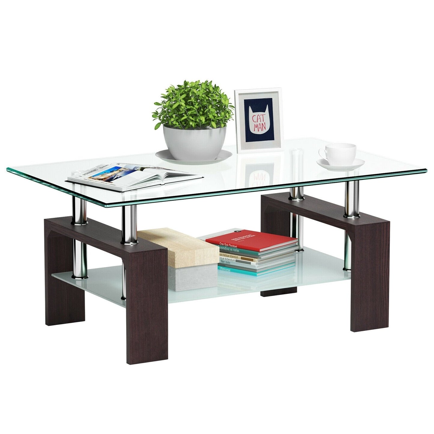 Rectangular Tempered Glass Coffee Table with Shelf-Black