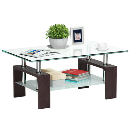 Rectangular Tempered Glass Coffee Table with Shelf-Black