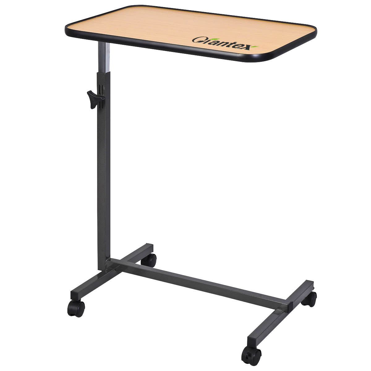 Beige overbed rolling table food tray with metal legs, ideal for living room end and side table use, by Wilsons Home Store.