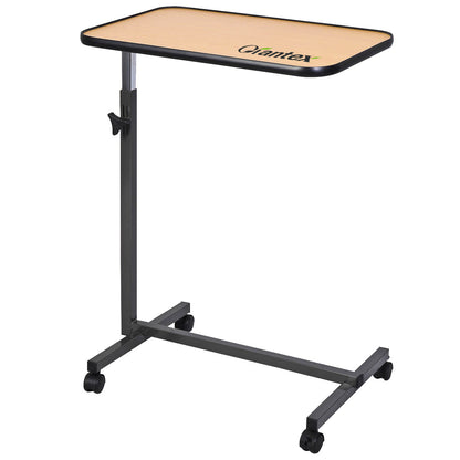 Beige overbed rolling table food tray with metal legs, ideal for living room end and side table use, by Wilsons Home Store.