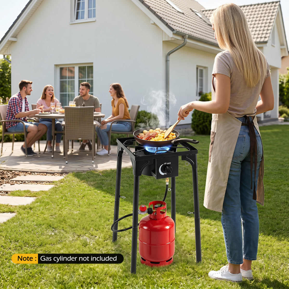 Black 1-burner propane camping stove with adjustable regulator and hose, 80,000 BTU outdoor grill for BBQ and camping.