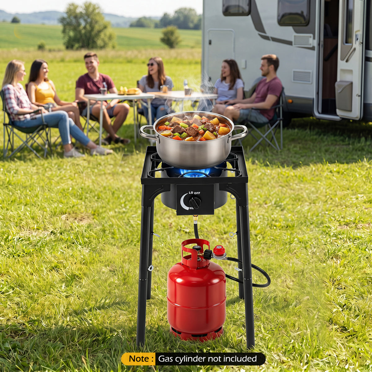 Black 1-burner propane stove with adjustable regulator and hose for camping and outdoor grilling.