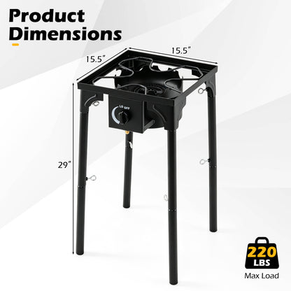Black 1-burner propane camping stove with adjustable regulator and hose, 80000 BTU outdoor grill for BBQ and camping cooking.
