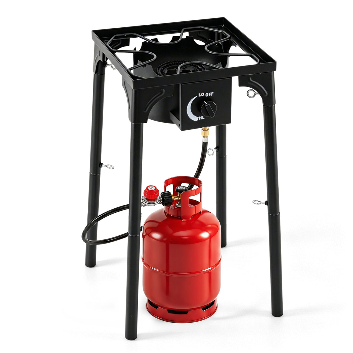 Black 1-burner propane stove with adjustable regulator and hose, ideal for camping and outdoor BBQ cooking.