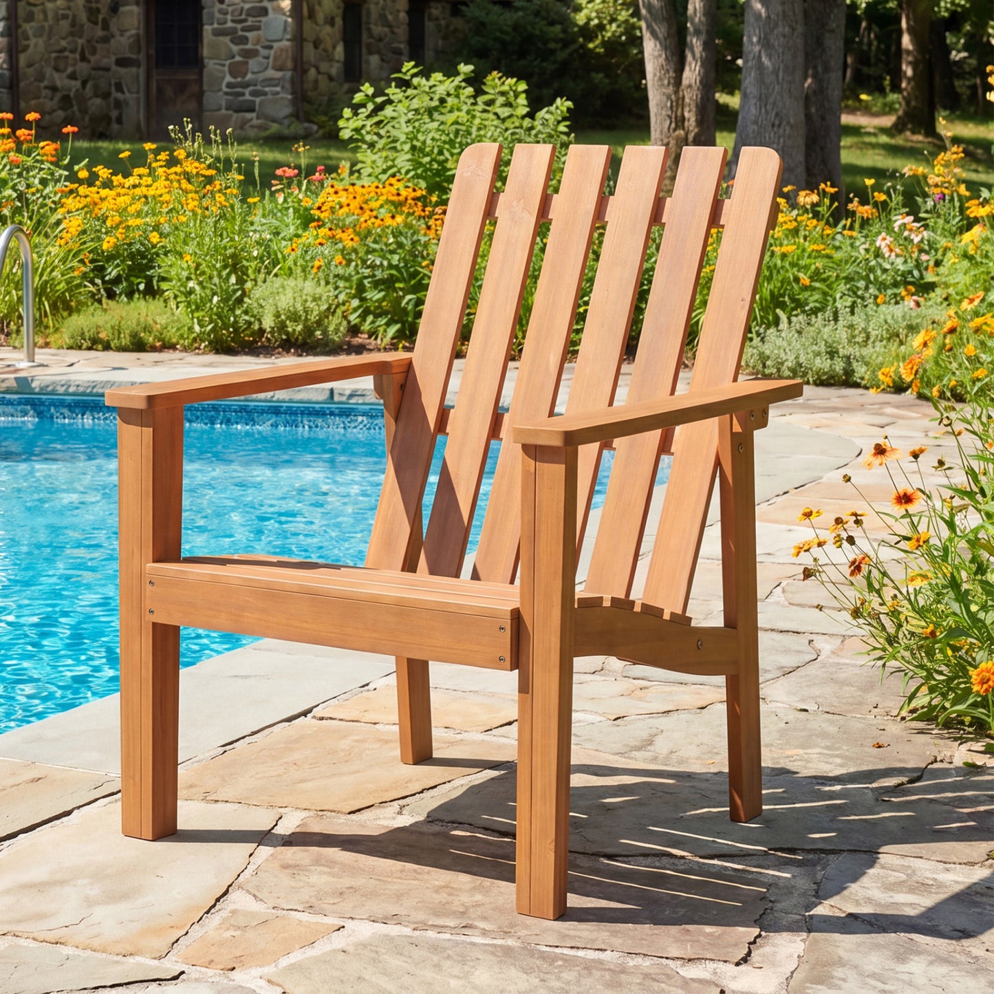 Set of acacia wood outdoor patio chairs with slatted backrest, built-in armrests, ideal for outdoor dining and patio seating.