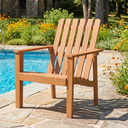 Set of acacia wood outdoor patio chairs with slatted backrest, built-in armrests, ideal for outdoor dining and patio seating.