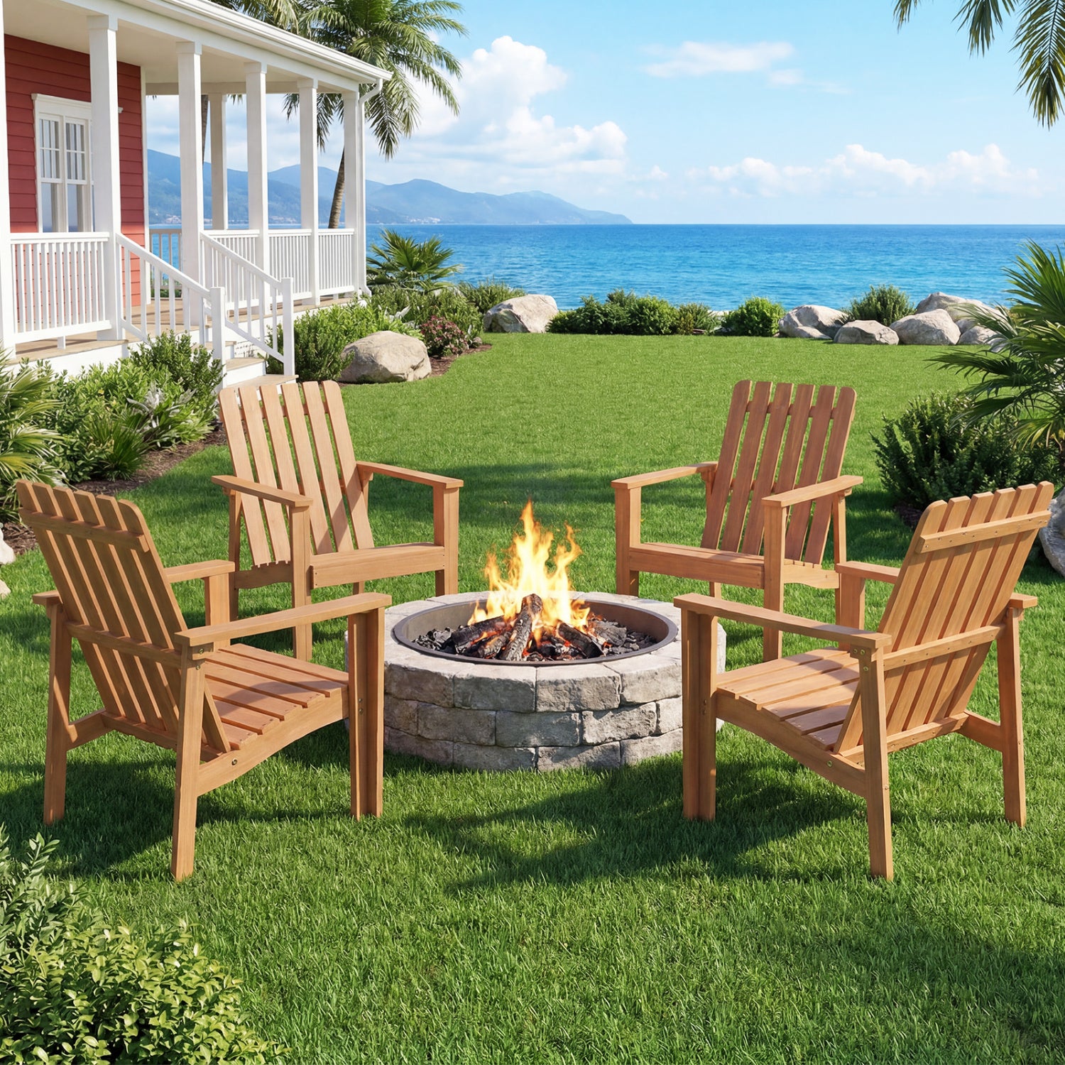 Set of acacia wood outdoor patio chairs with slatted backrest and built-in armrests, ideal for outdoor dining and patio seating.
