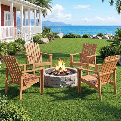 Set of acacia wood outdoor patio chairs with slatted backrest and built-in armrests, ideal for outdoor dining and patio seating.