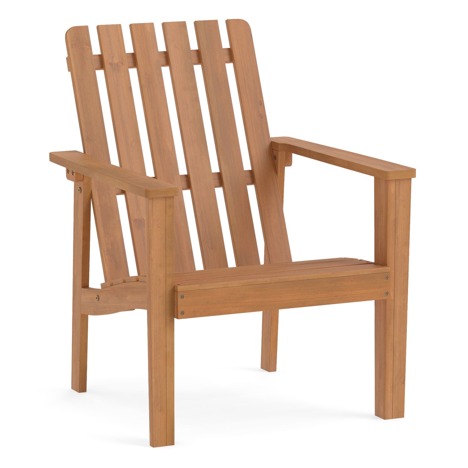 Set of acacia wood outdoor patio chairs with slatted backrests and built-in armrests, ideal for outdoor dining and seating.