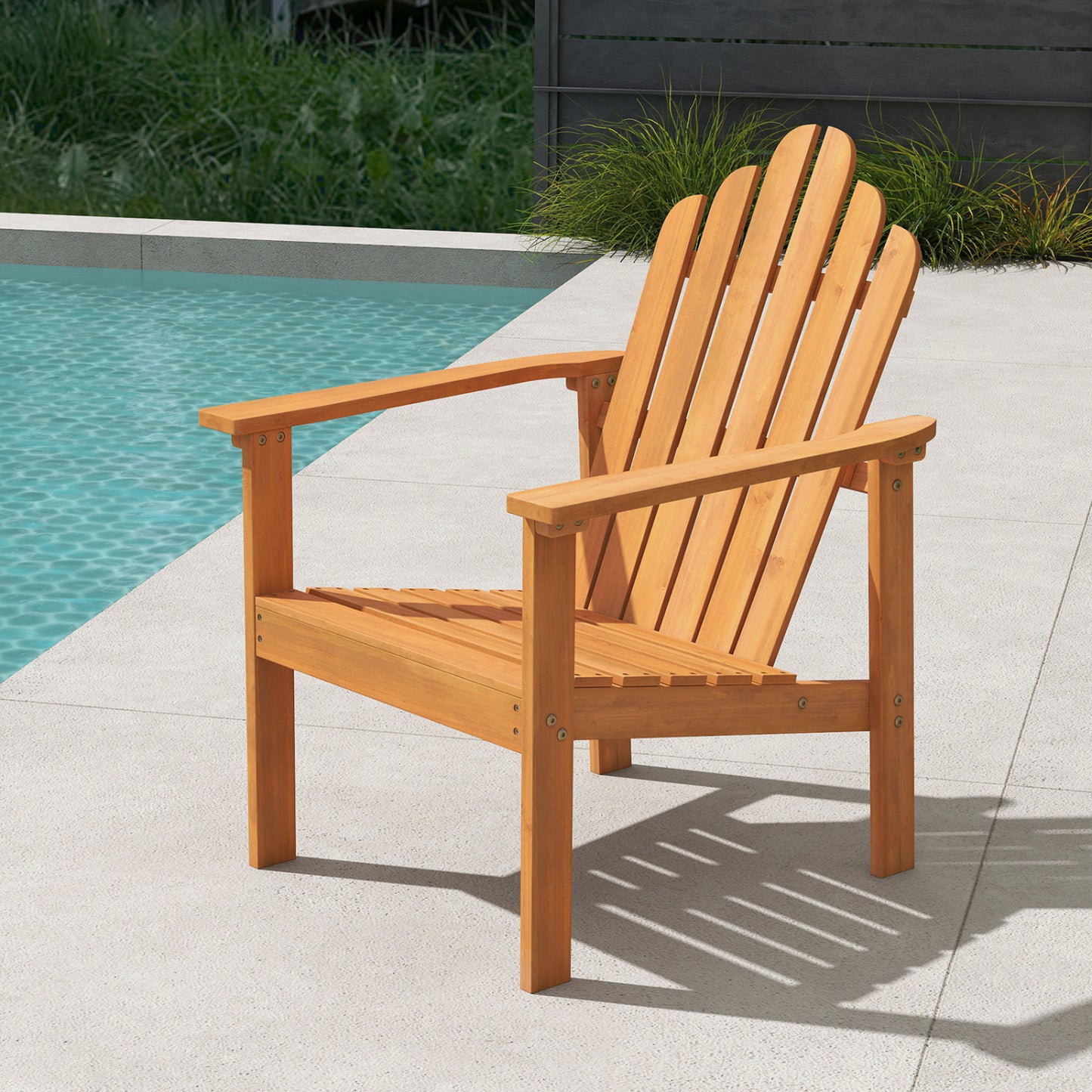 Stackable Adirondack chairs made of solid acacia wood for outdoor patio seating, designed for durability and style.