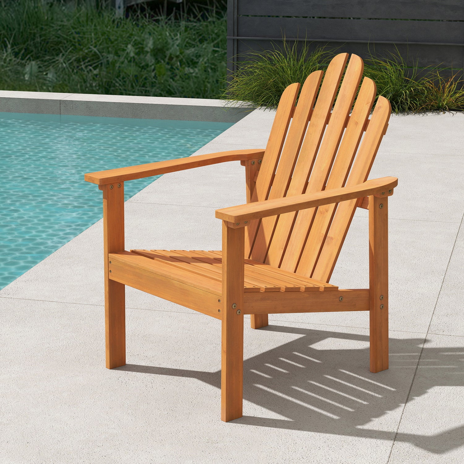 Stackable Adirondack chairs made of solid acacia wood for outdoor patio seating, designed for durability and style.