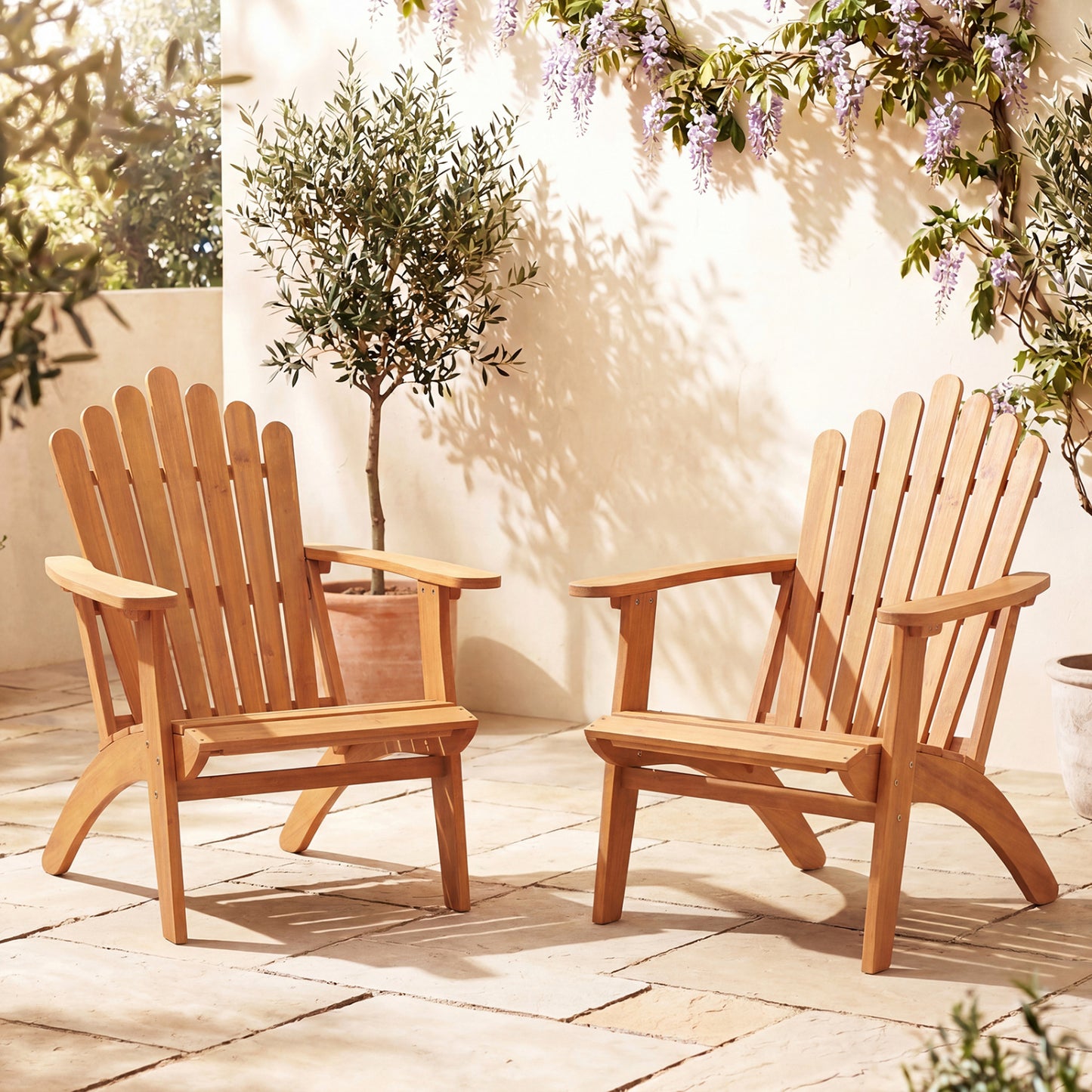 Stackable Adirondack chairs made of solid acacia wood, outdoor patio seating, perfect for outdoor lounging and backyard decor.
