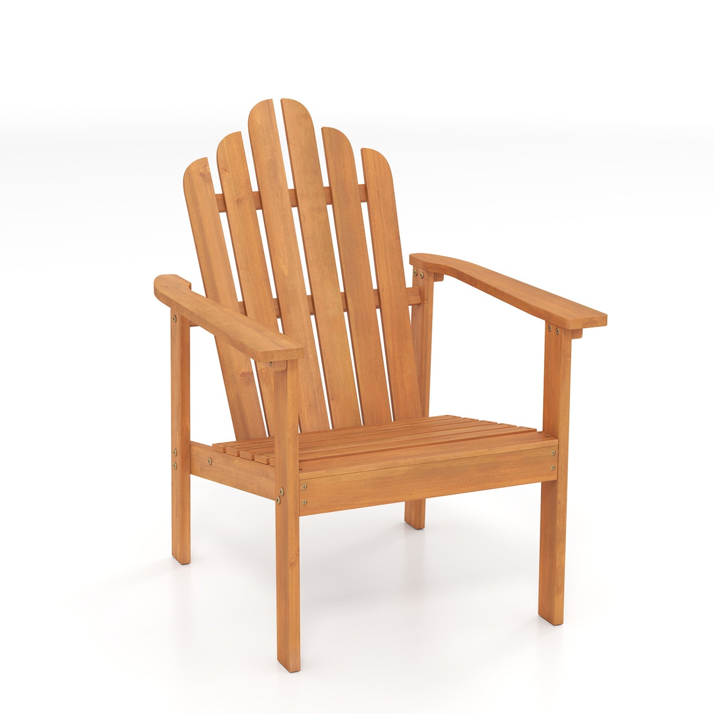 Stackable Adirondack chairs made of solid acacia wood for patio seating, designed for outdoor comfort and durability.