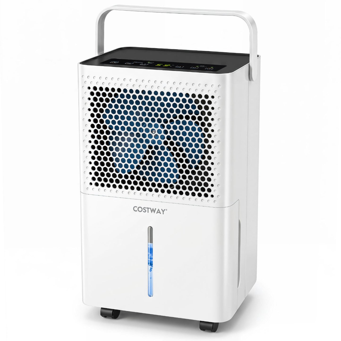 White 2000 sq ft 32 pint dehumidifier with drain hose and smart humidity control, designed for bedrooms.