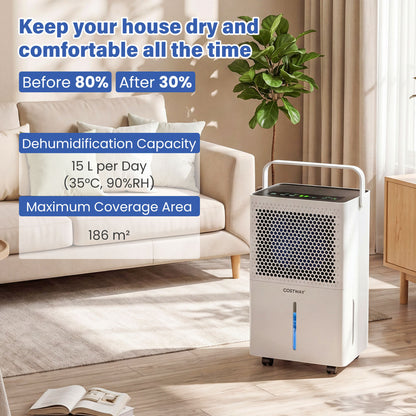 White 2000 sq ft 32-pint compressor dehumidifier with smart humidity control and drain hose for bedroom use.