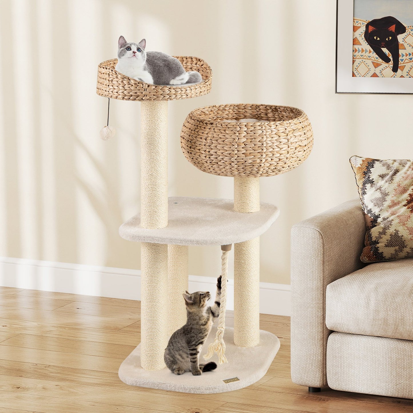 41 Inch Rattan Cat Tree with Napping Perch-Beige
