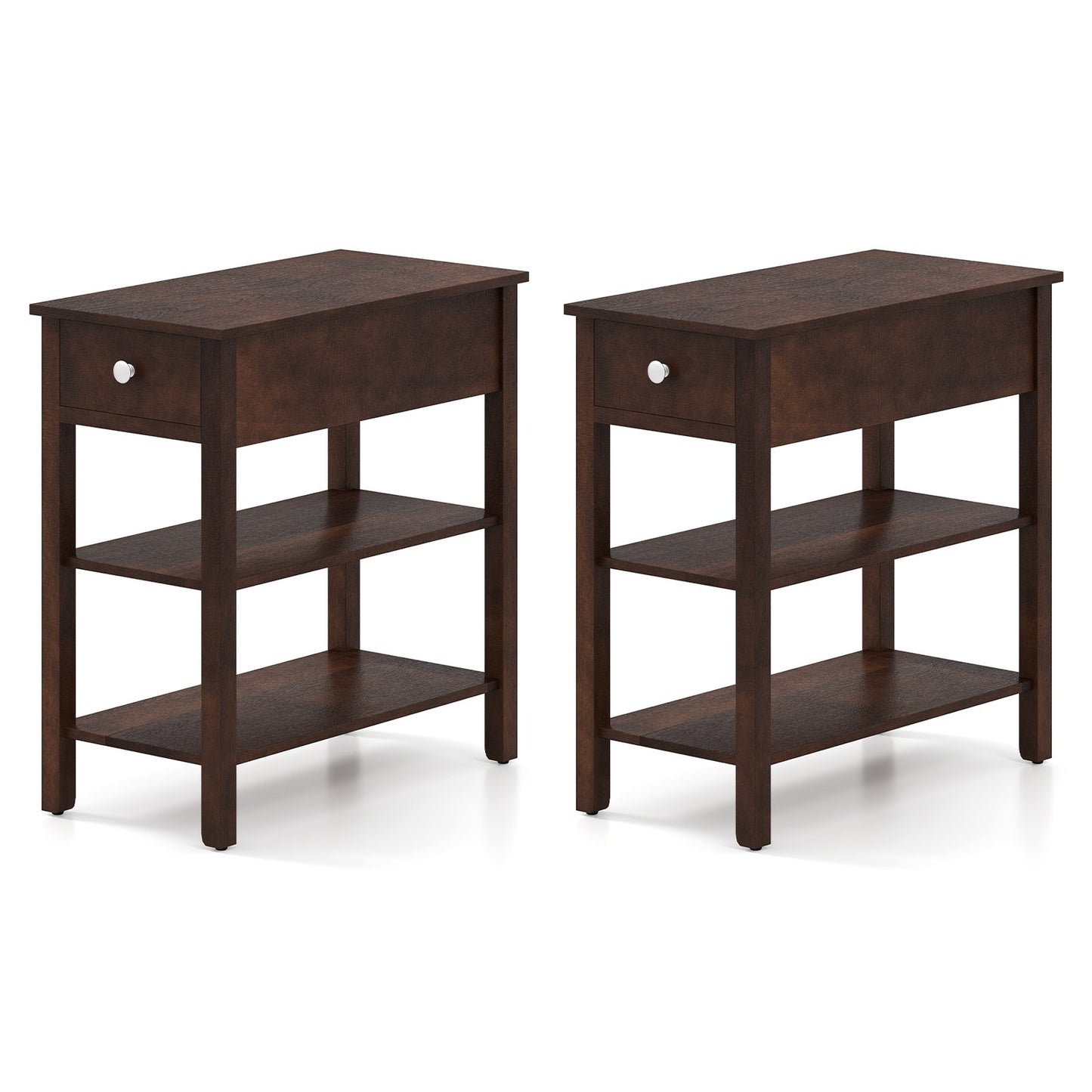 3-Tier Narrow End Table with Drawer and Storage Shelves Set of 2-Brown