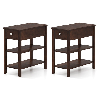 3-Tier Narrow End Table with Drawer and Storage Shelves Set of 2-Brown