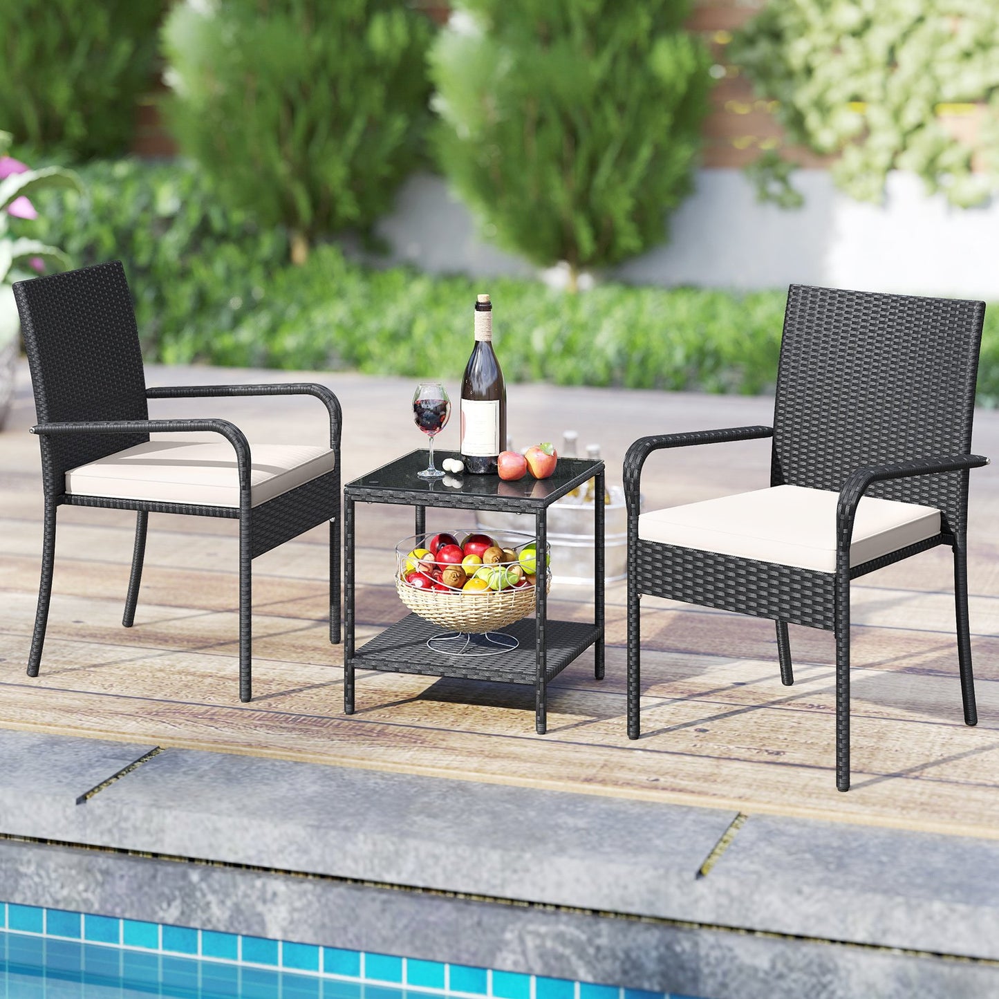 3 Piece Patio Furniture Set with Seat Cushions and Tempered Glass Tabletop-Beige