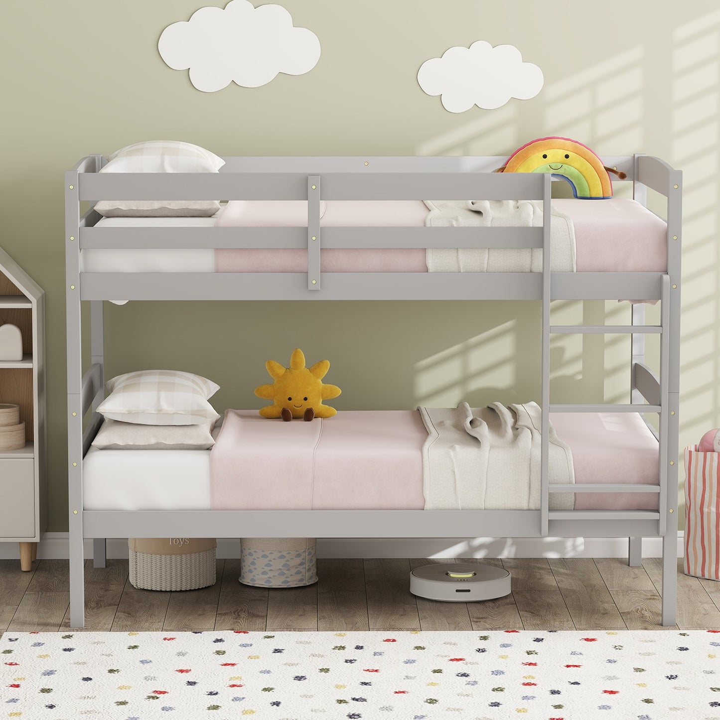 Solid Wood Twin Over Twin Bunk Bed Frame with High Guardrails and Integrated Ladder-Espresso
