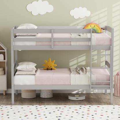 Solid Wood Twin Over Twin Bunk Bed Frame with High Guardrails and Integrated Ladder-Espresso
