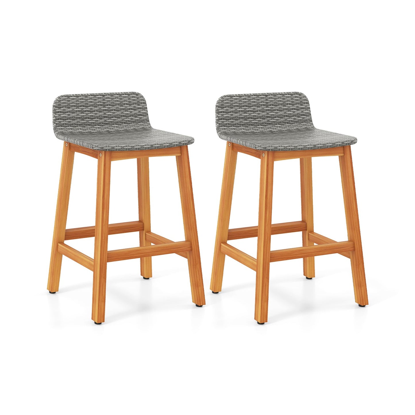 Solid Acacia Wood Bar Stools Set of 2 with Backrests and Footrests for Porch-Brown