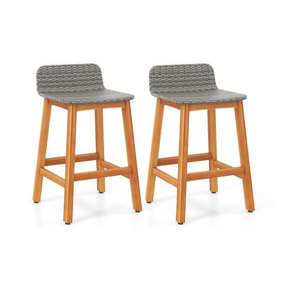 Solid Acacia Wood Bar Stools Set of 2 with Backrests and Footrests for Porch-Brown