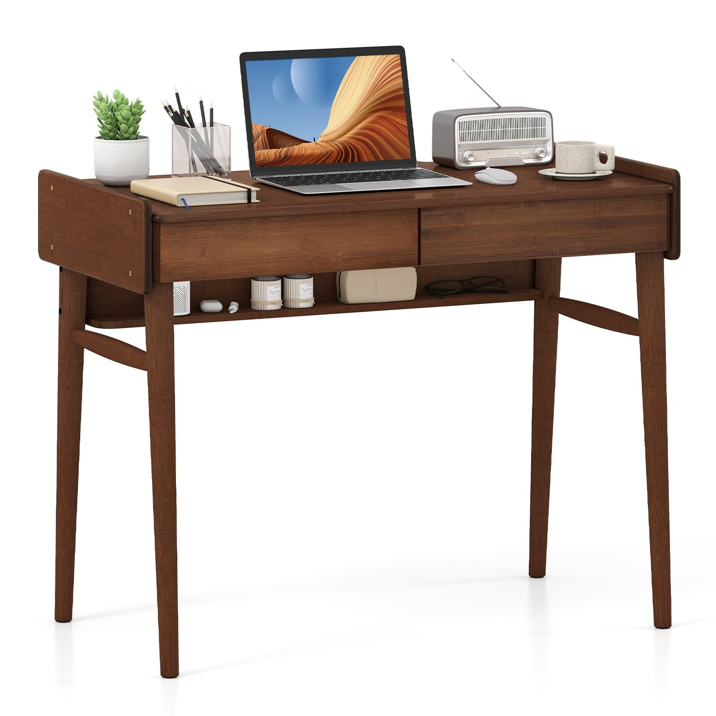 Bamboo Writing Desk with 2 Storage Drawers and Open Shelf-Natural