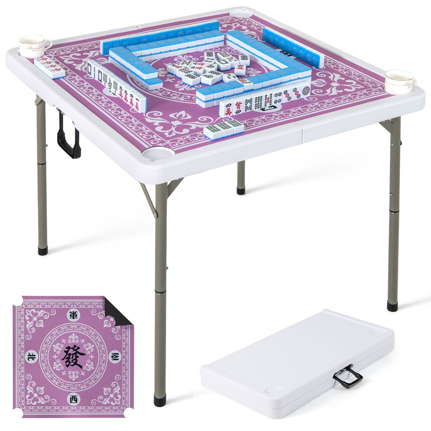 35 Inch 4 Player Game Card Folding Mahjong Table with Cup Holders-Blue