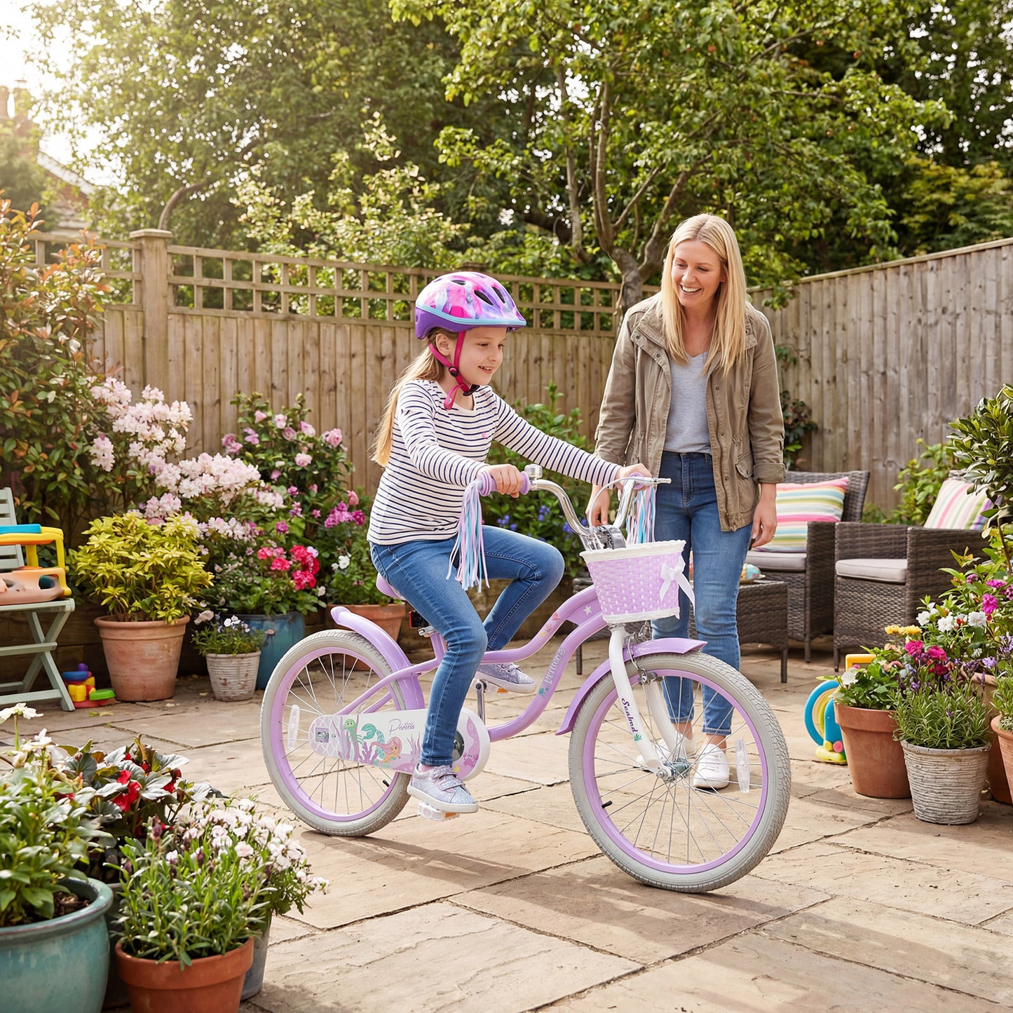 20 Inch Kids Bike Adjustable with Basket and Streamers Purple - Princess of the Sea Theme