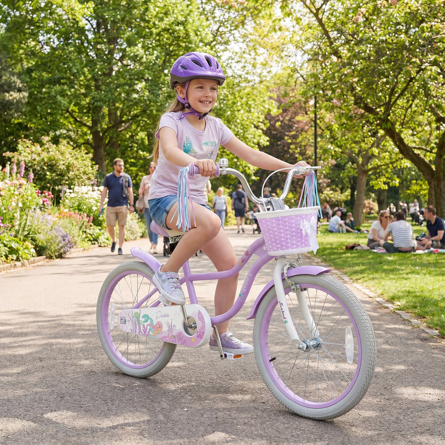 20 Inch Kids Bike Adjustable with Basket and Streamers Purple - Princess of the Sea Theme