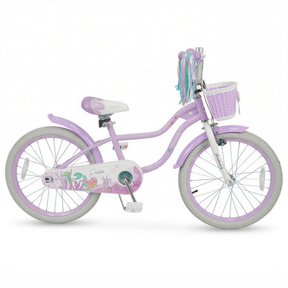 20 Inch Kids Bike Adjustable with Basket and Streamers Purple - Princess of the Sea Theme