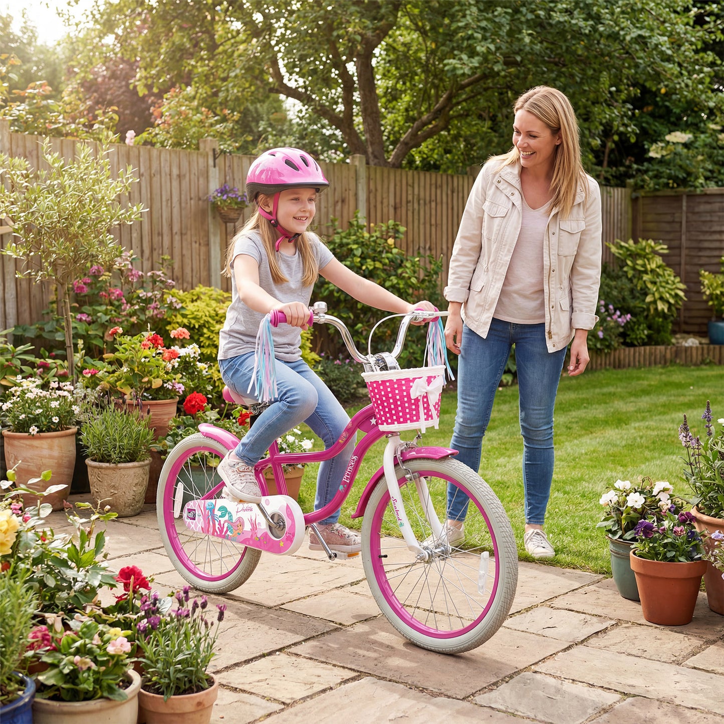 20 Inch Kids Bike Adjustable with Basket and Streamers Rose Red - Princess of the Sea Theme
