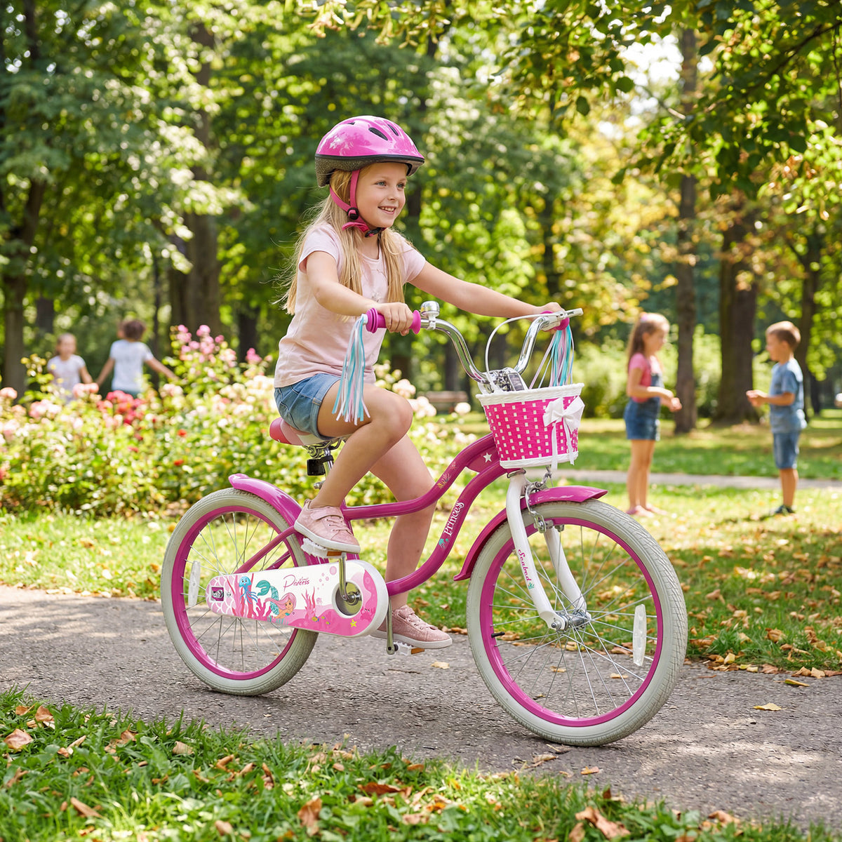 20 Inch Kids Bike Adjustable with Basket and Streamers Rose Red - Princess of the Sea Theme