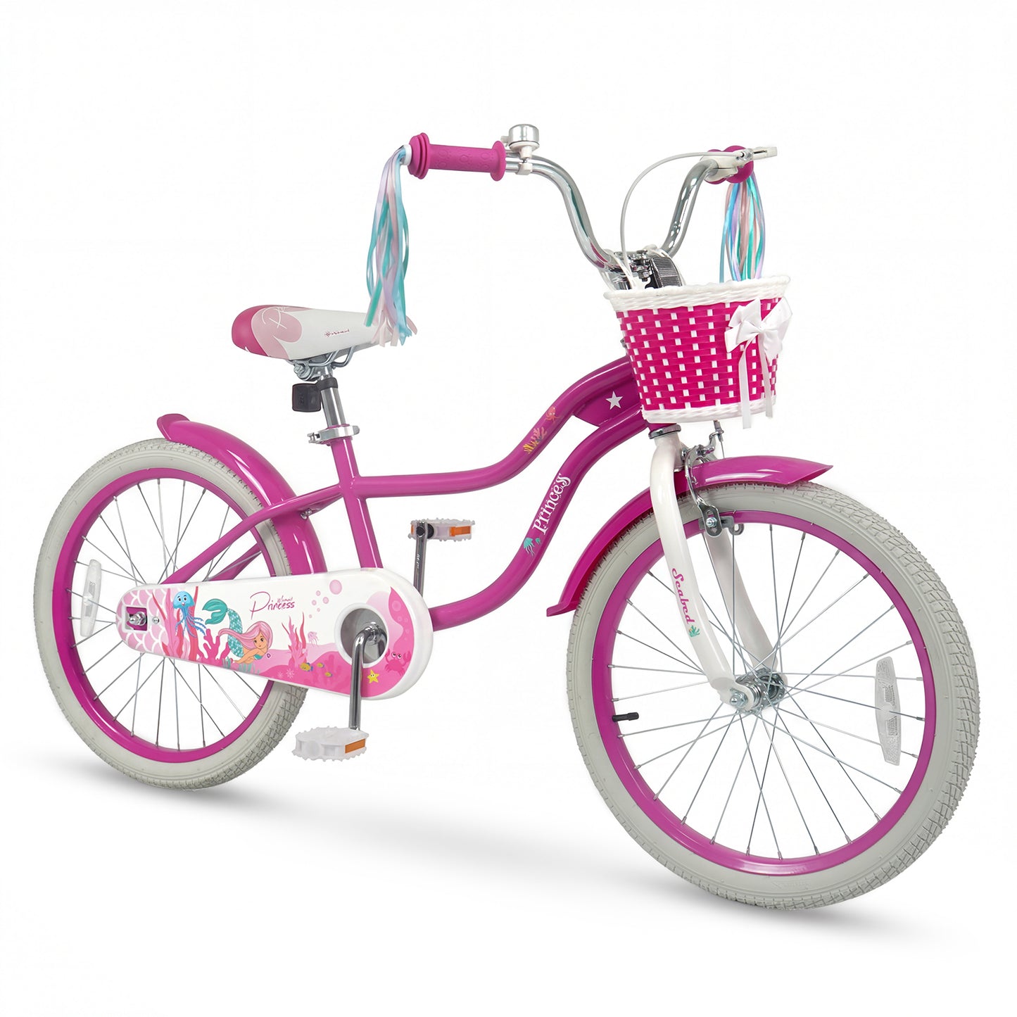 20 Inch Kids Bike Adjustable with Basket and Streamers Rose Red - Princess of the Sea Theme