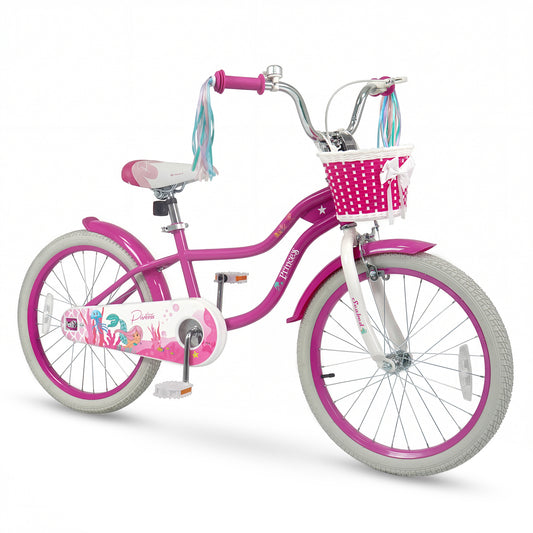 20 Inch Kids Bike Adjustable with Basket and Streamers Rose Red - Princess of the Sea Theme