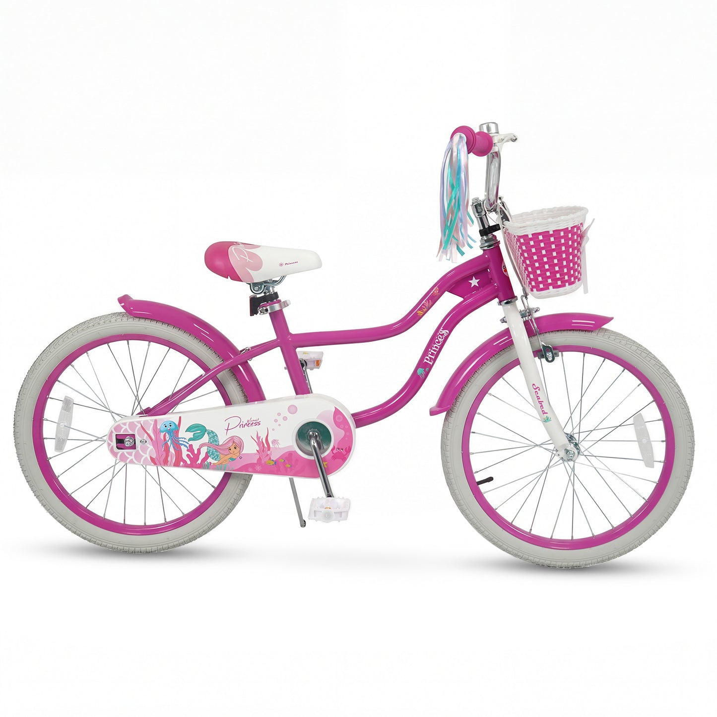 20 Inch Kids Bike Adjustable with Basket and Streamers Rose Red - Princess of the Sea Theme
