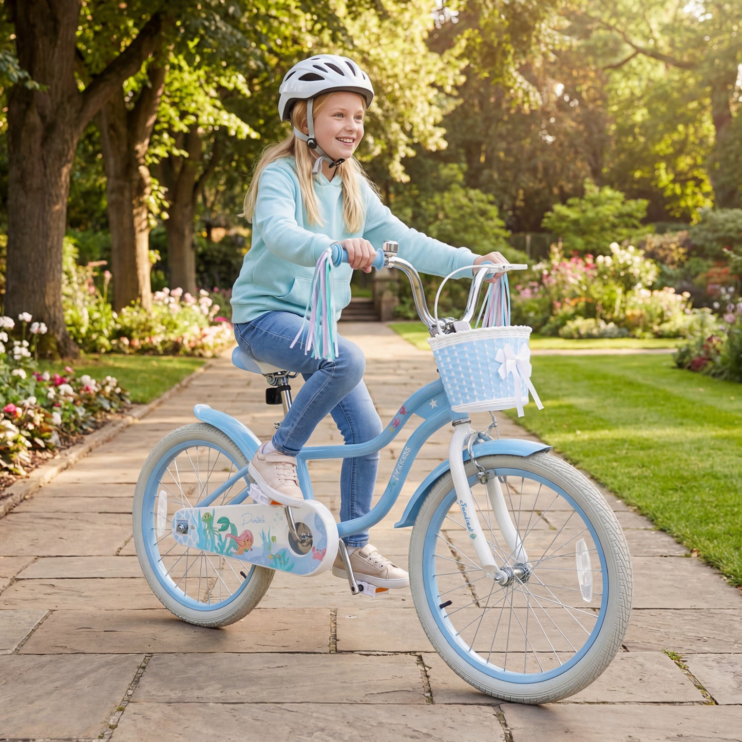 20 Inch Kids Bike Adjustable with Basket and Streamers Blue - Princess of the Sea Theme