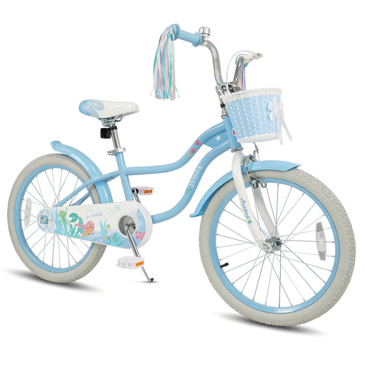 Blue 20-inch kids bike with basket and streamers, princess of the sea theme, adjustable frame, ideal for young children.