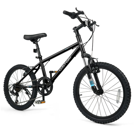Black 20-inch kids mountain bike for boys and girls aged 8+ with sturdy frame and knobby tires for outdoor riding enjoyment.