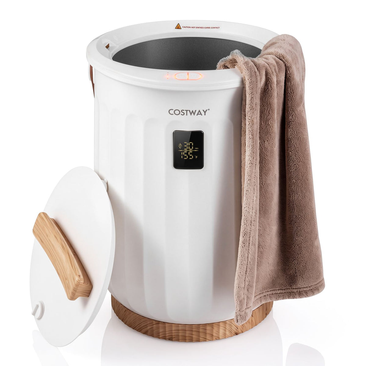 White 20 L towel warmer with LED display, timer, and child safety lock, designed for bathroom use, by Direct by Wilsons Home Store.