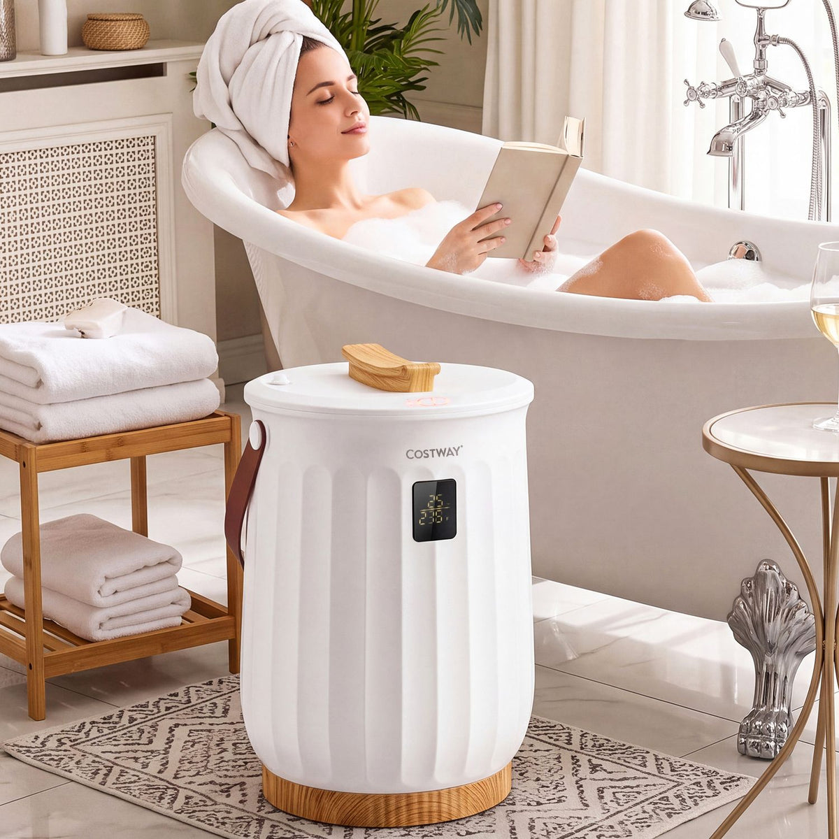 White 20L towel warmer with LED display, timer, and child safety lock, designed for bathroom use by Direct by Wilsons Home Store.