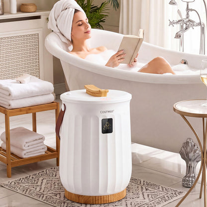 White 20L towel warmer with LED display, timer, and child safety lock, designed for bathroom use by Direct by Wilsons Home Store.