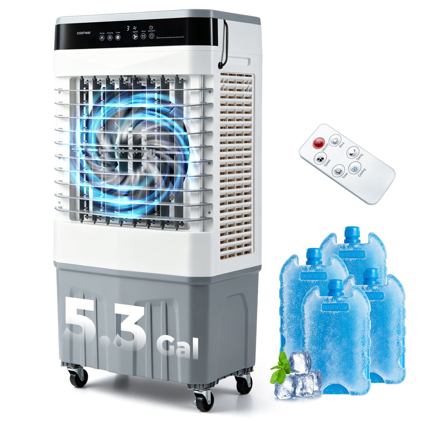 White 2100 CFM 3-in-1 evaporative air cooler with 5.3-gallon water tank for indoor and outdoor climate cooling.